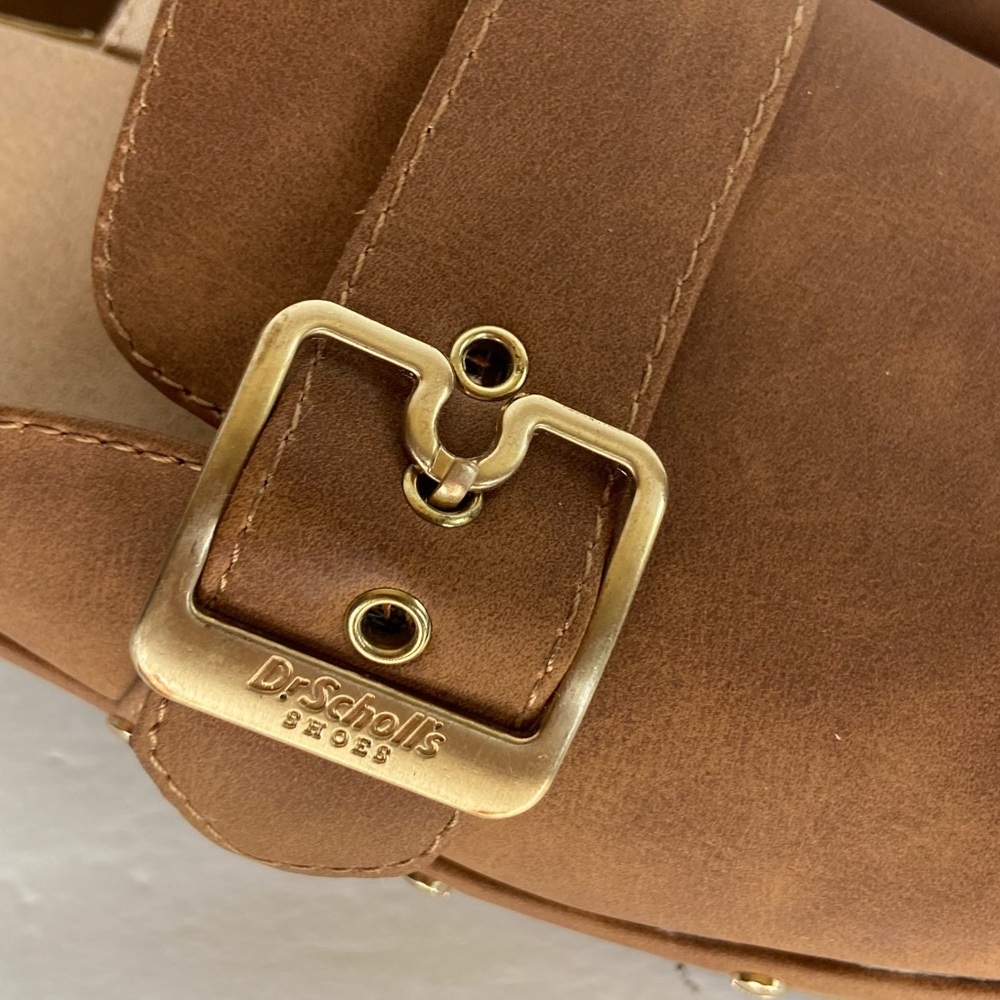 Dr. Scholl's Brown Leather Clog Mules with Gold Buckle - Picture 9 of 12